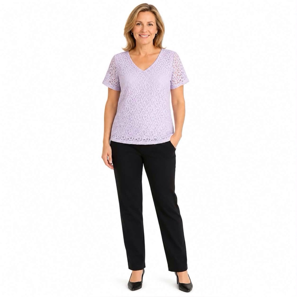 Liz Claiborne V Neck Purple Floral Lace Tee Shirt Small